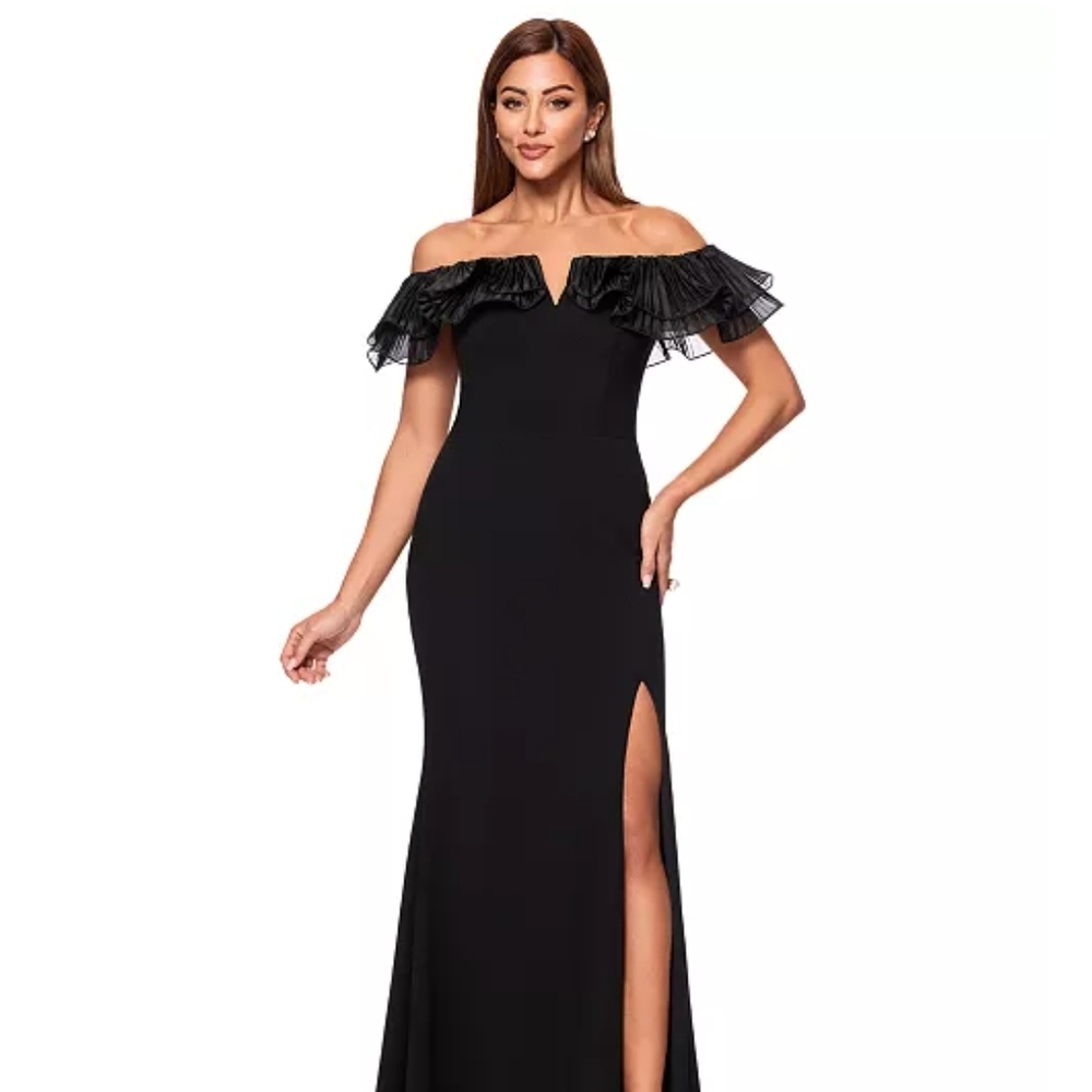 Xscape Black Strapless Gown with Ruffle Detail